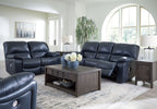 Power reclining loveseat and recliner with dark navy leather-look upholstery