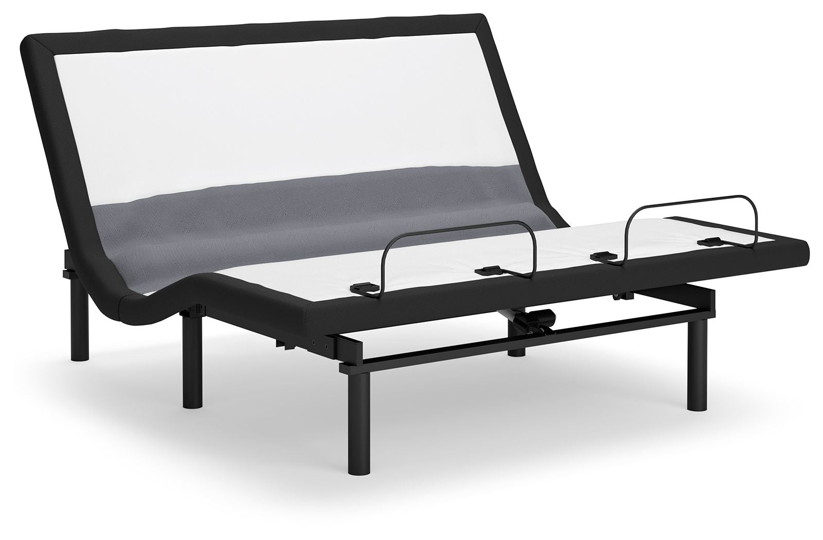Black reclining bed base with raised backrest, fabric panels, and metal lift frame
