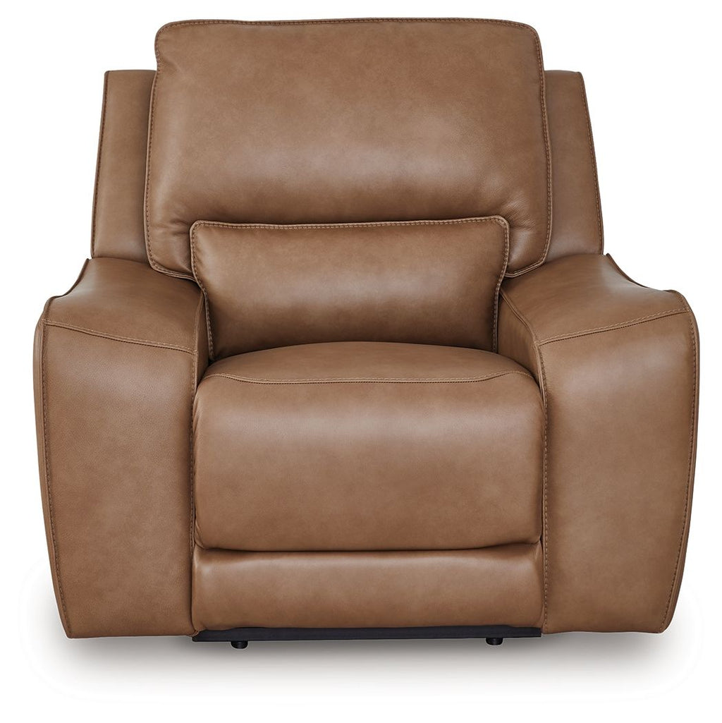Caramel power recliner chair with padded headrest, smooth seat cushion and thick arms