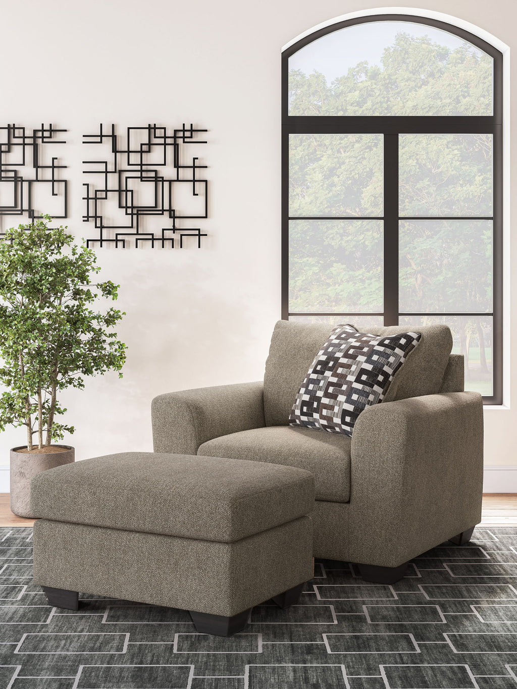 Beige fabric sectional chaise with geometric check throw pillow and ottoman-style seat