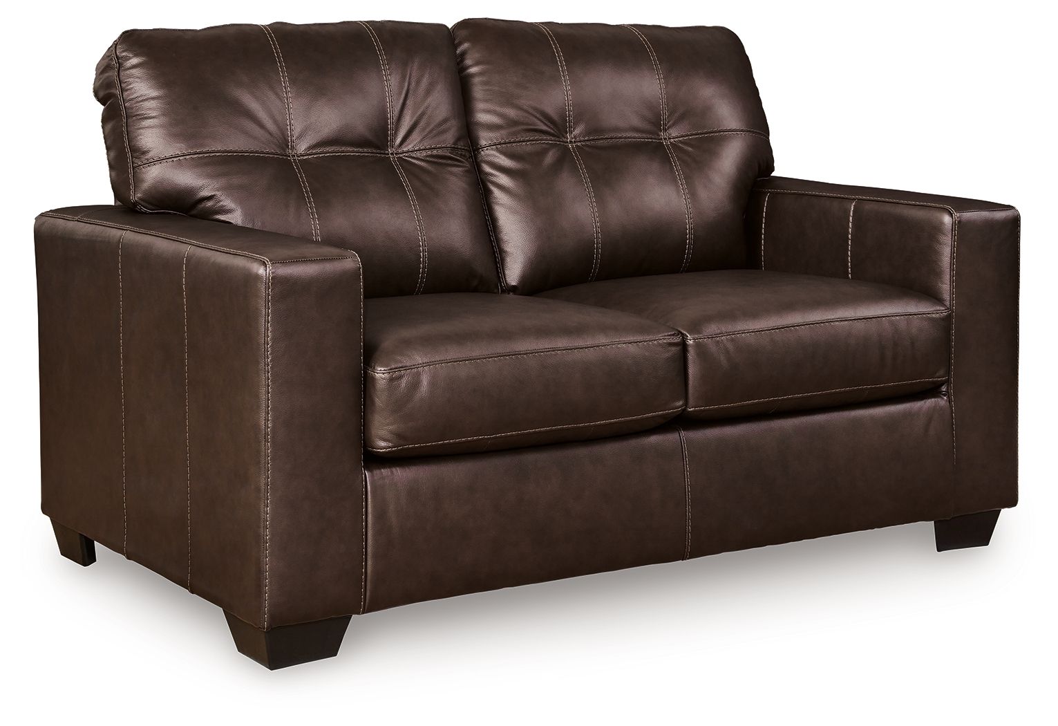 Dark brown leather-look loveseat with tufted back, squared arms, and two seat cushions