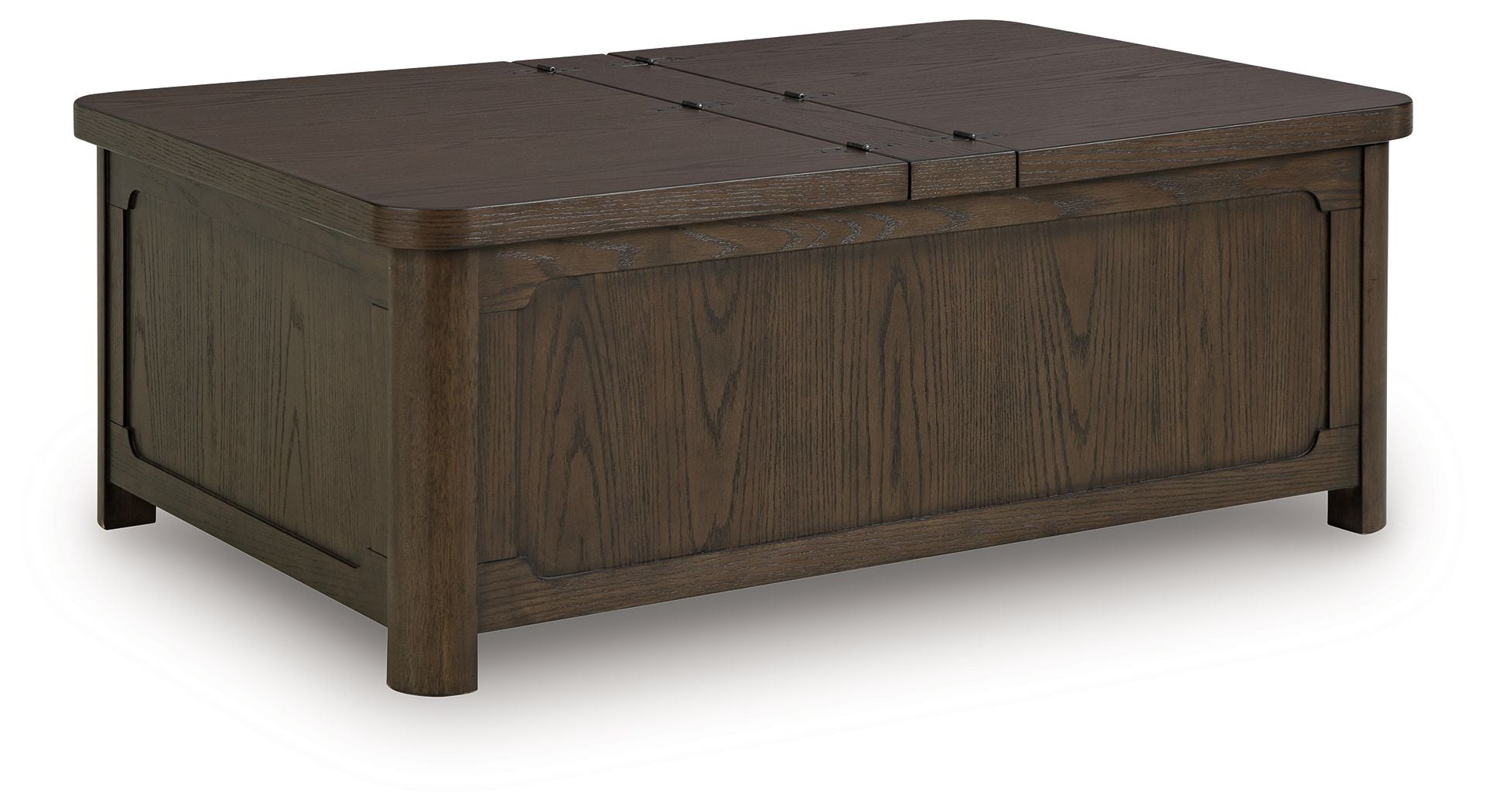 Dark brown wood lift-top coffee table with hidden storage compartment visible