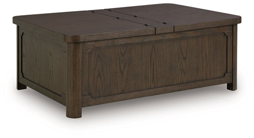 Dark brown wood lift-top coffee table with hidden storage compartment visible