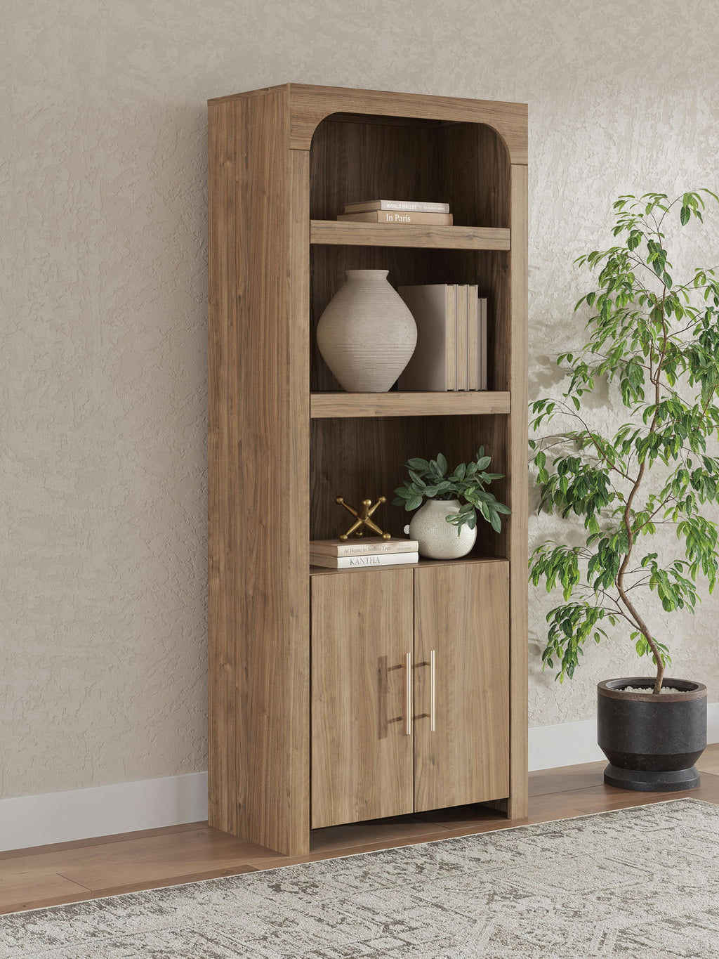 Brown display cabinet with open shelves and two-door lower storage cabinet