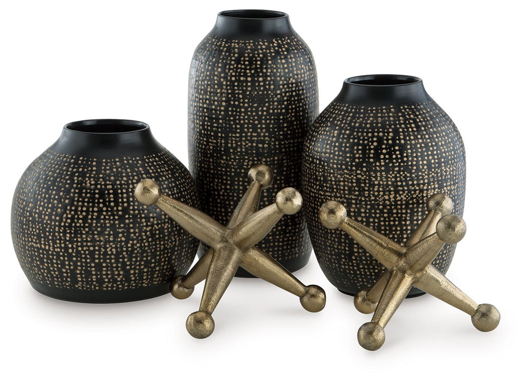 Vinburn accessory set black speckled vases with gold star-shaped metal accents