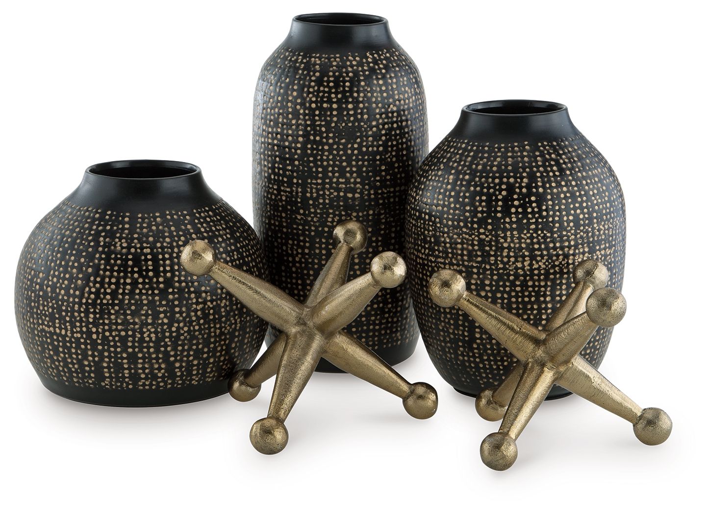 Vinburn accessory set black speckled vases with gold star-shaped metal accents