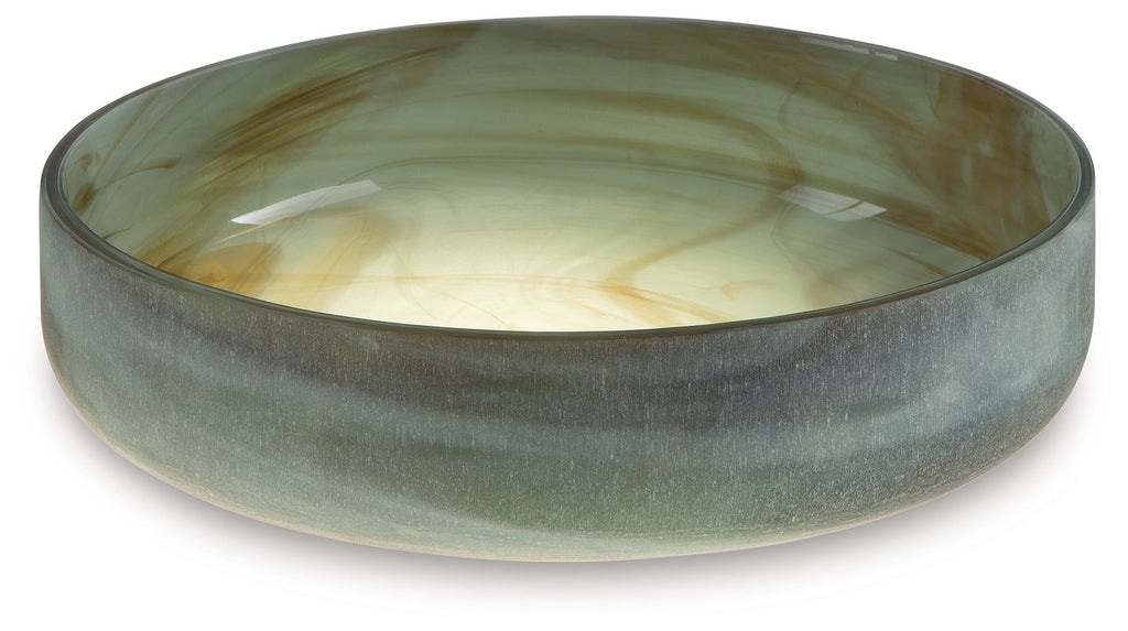Sage green glass bowl with marbled swirl pattern and wide rim