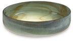 Sage green glass bowl with marbled swirl pattern and wide rim