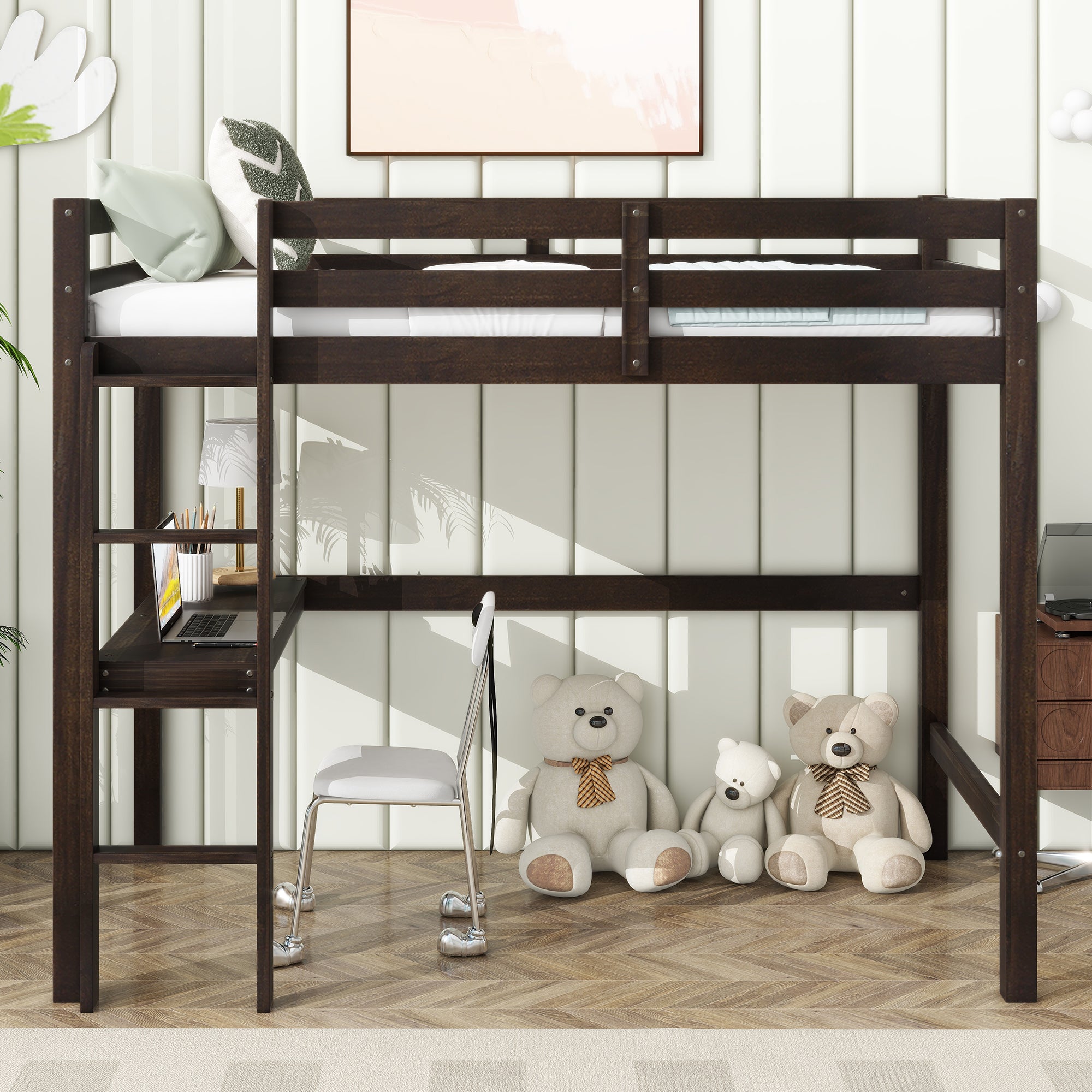 Twin High Loft Bed with Desk, Ladder, Guardrail, Rubber Wood, Espresso