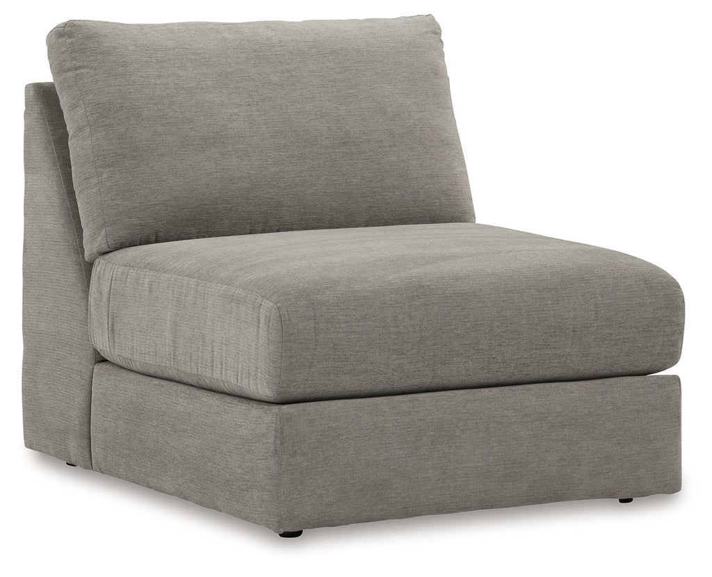 Ash gray armless chair with boxy seat and back, upholstered in textured fabric