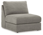 Ash gray armless chair with boxy seat and back, upholstered in textured fabric