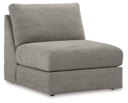 Ash gray armless chair with boxy seat and back, upholstered in textured fabric