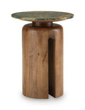 Round accent table with brown wooden pedestal and green patterned tabletop