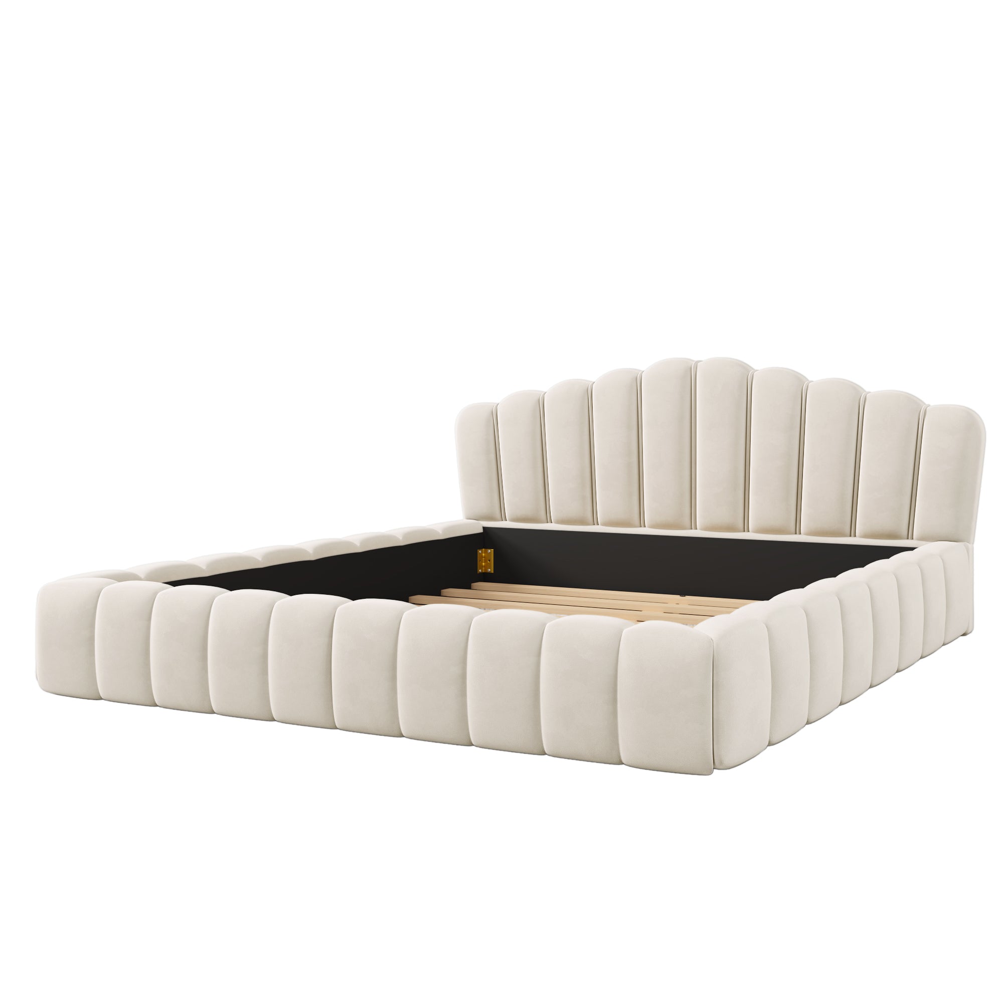 Cloudy Velvet Beige Queen Bed Frame - Shell Headboard, No Box Spring