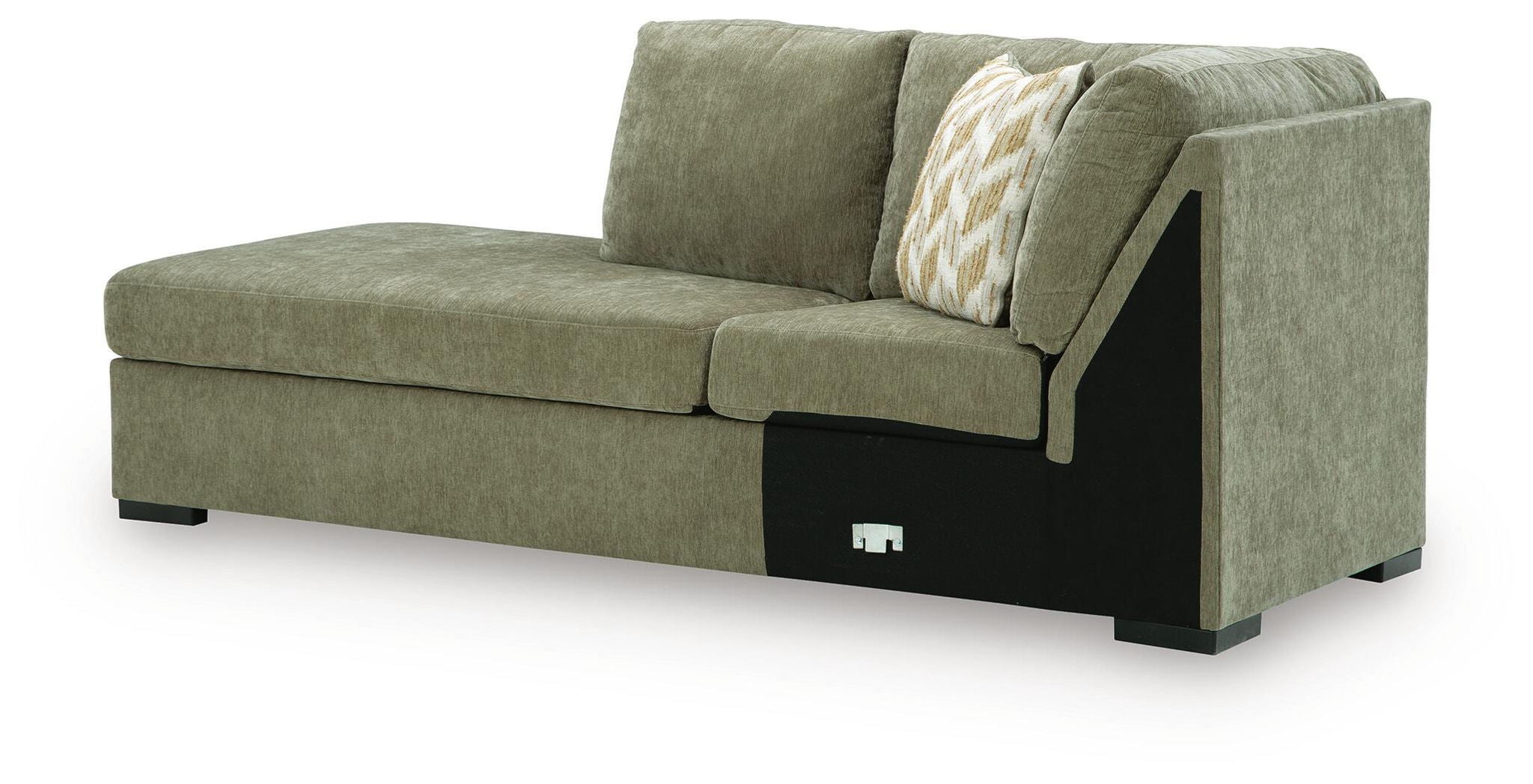 Moss green left-arm corner chaise with dark base and two-tone throw pillow