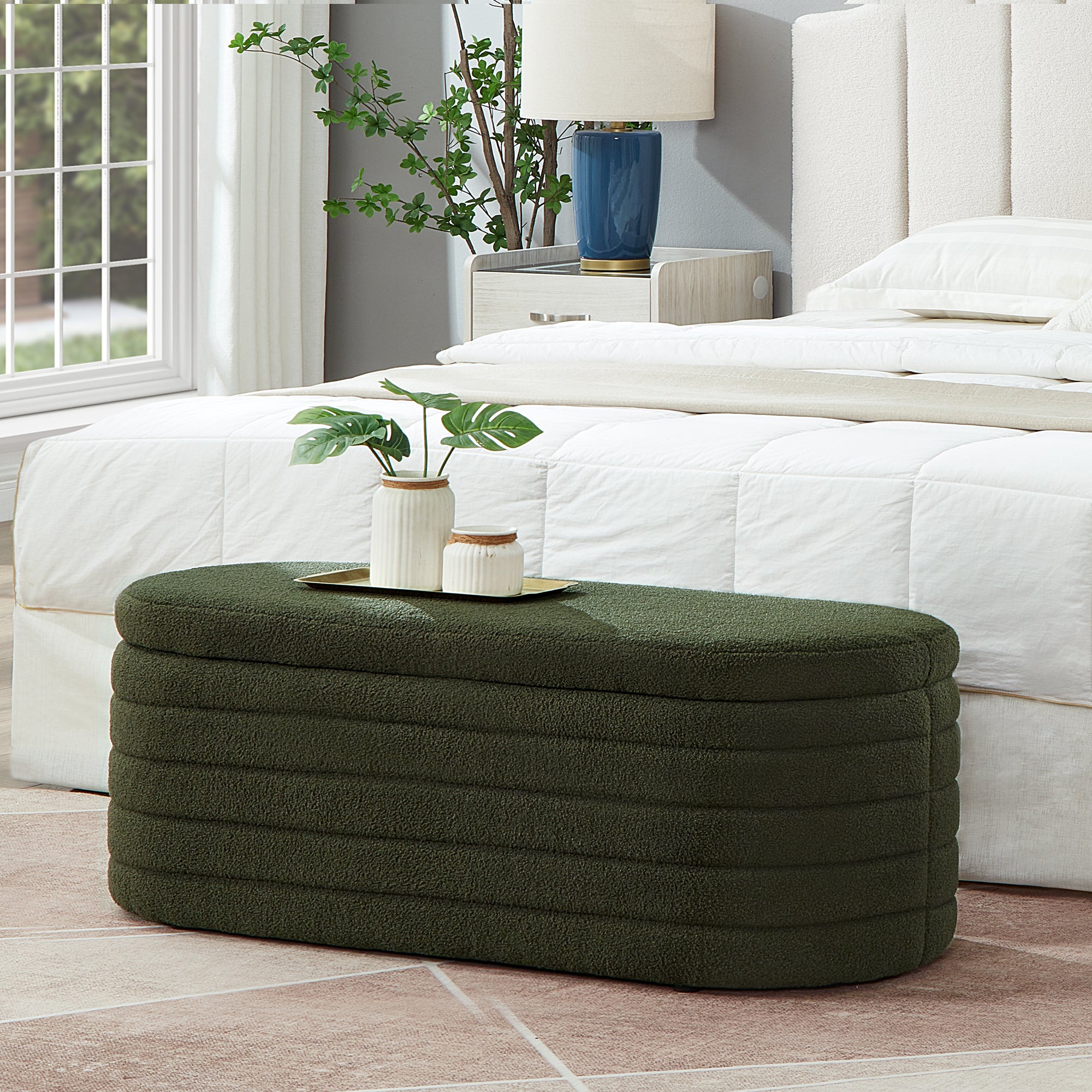 Modern Dark Green Boucle Storage Ottoman Bench End Bed