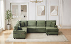 Green corduroy U-shaped sectional sofa with ottoman and aligned back cushions