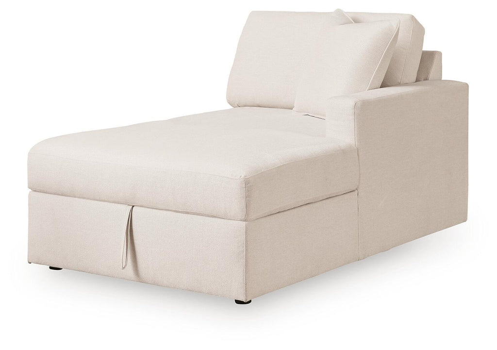 Oyster corner chaise with storage, light beige upholstery and padded back cushions