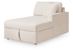 Oyster corner chaise with storage, light beige upholstery and padded back cushions