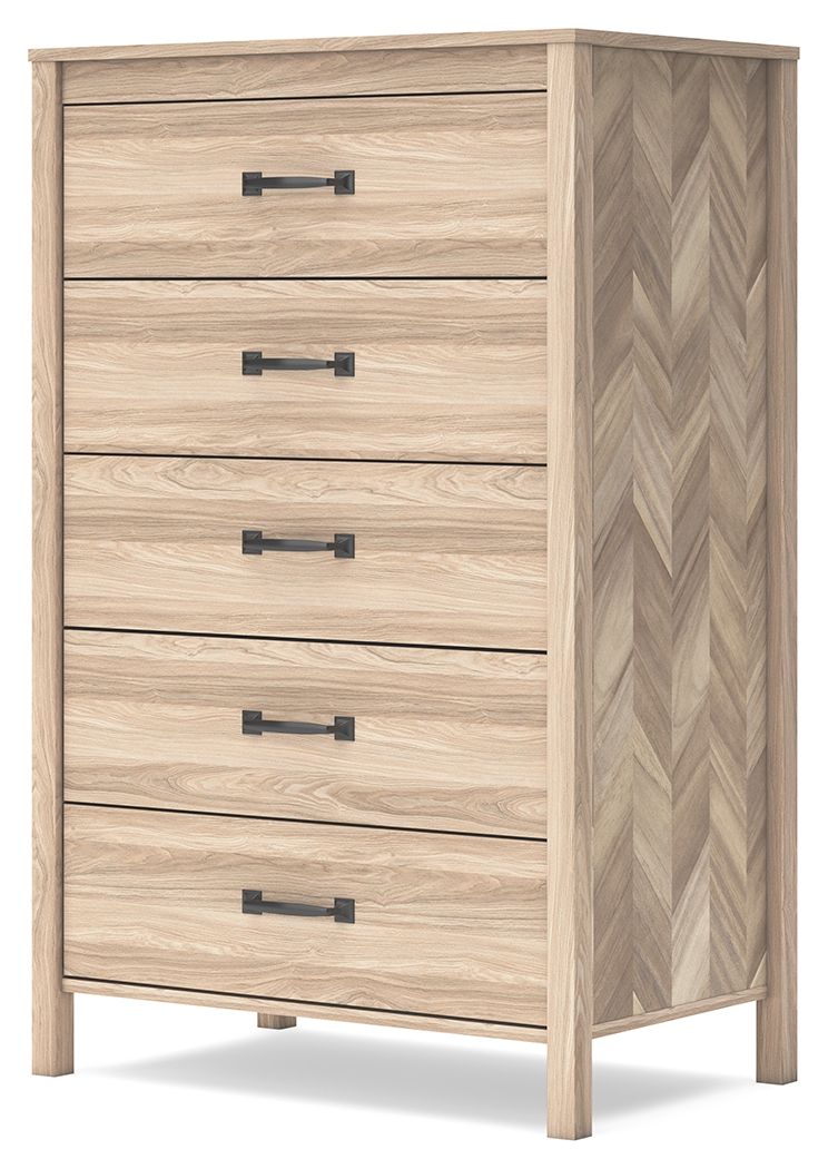 Tan five-drawer chest with black bar pulls and chevron side panels