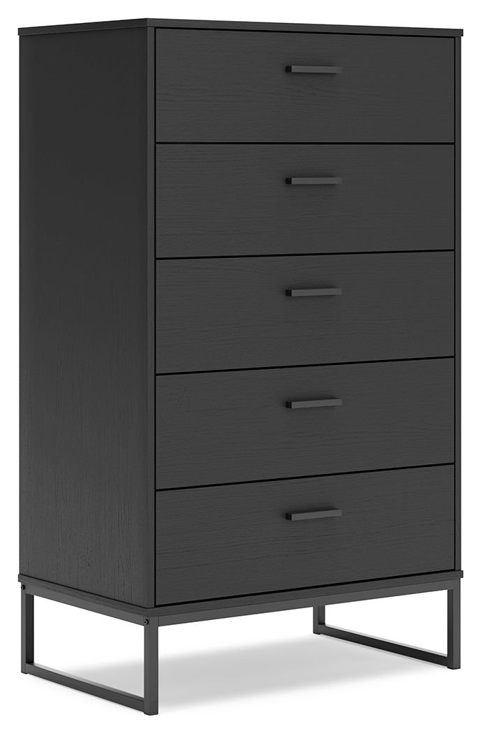 Black drawer chest with four drawers and metal bar pulls on a raised frame