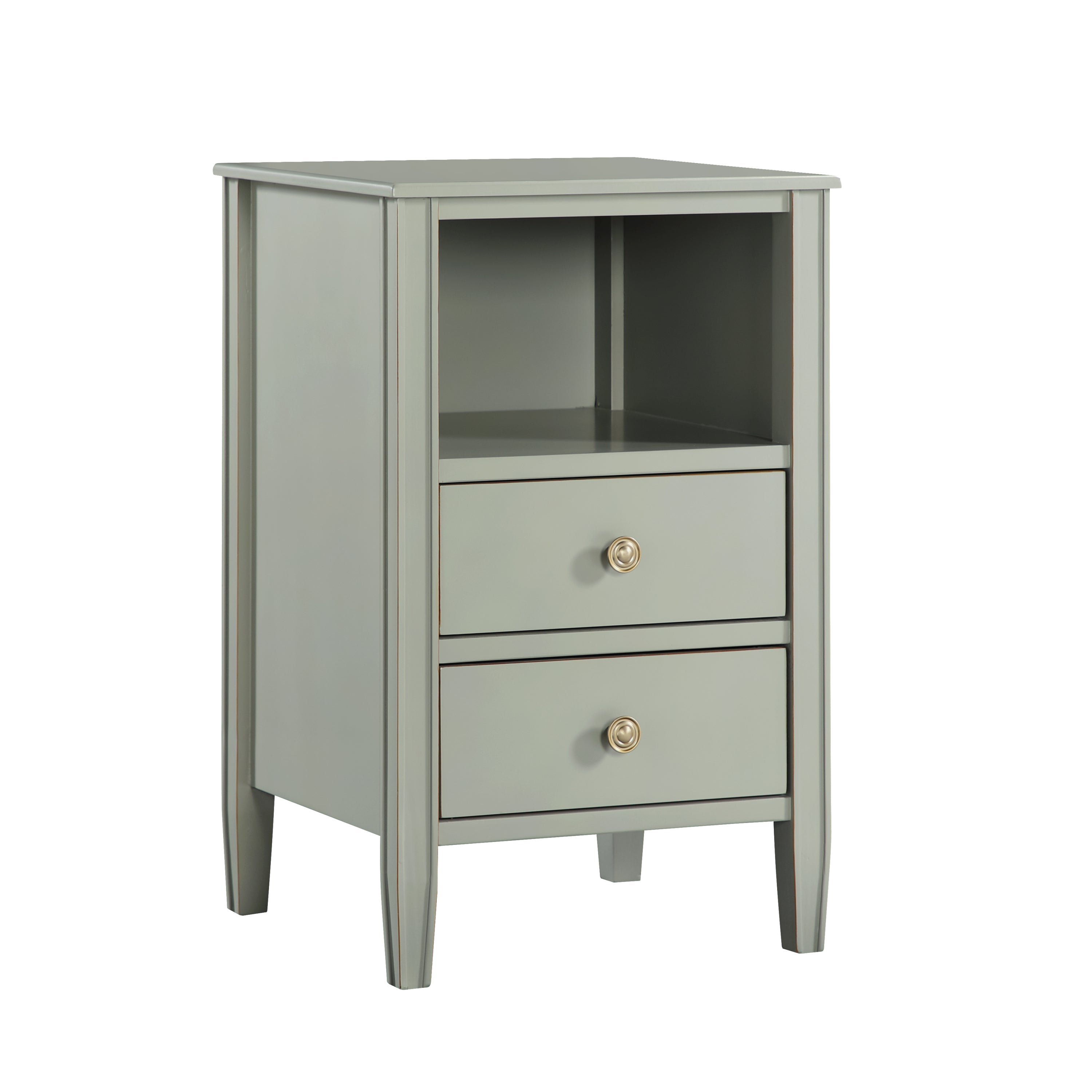 Winston Antique Gray 2-Drawer Storage Nightstand Fluted Legs Gold Knobs