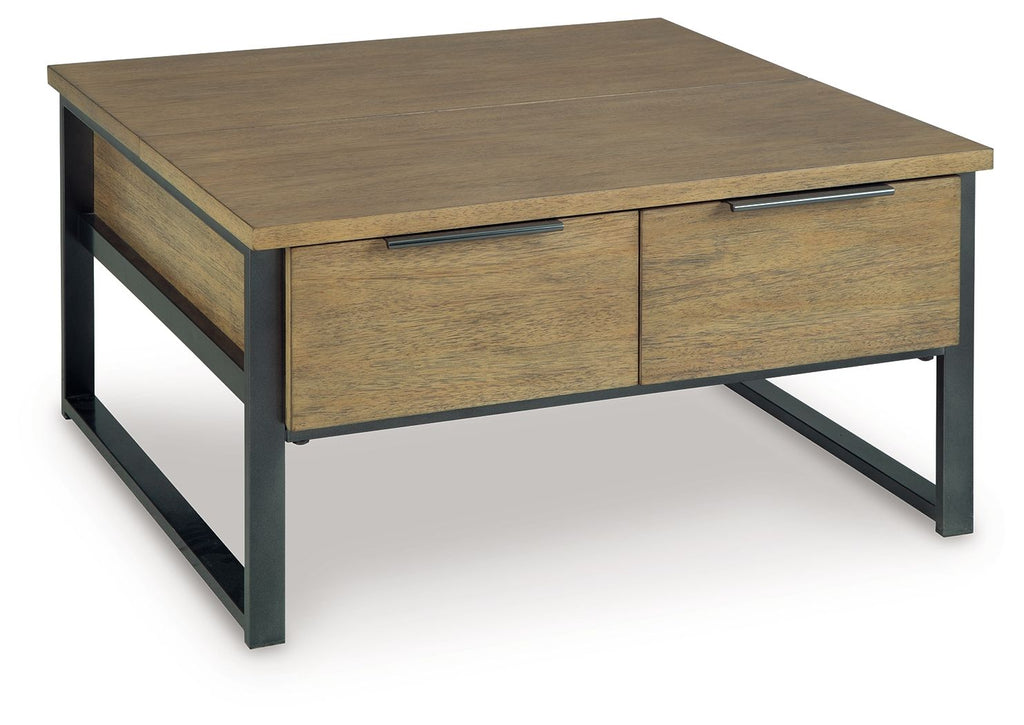 Light brown wood table with two drawers and black metal legs, bar-style pulls