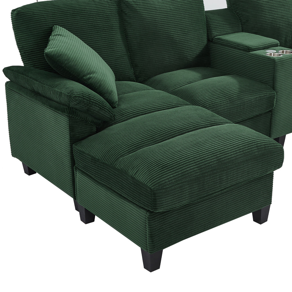 Green corduroy chaise section with rolled back cushions and armrest