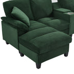 Green corduroy chaise section with rolled back cushions and armrest