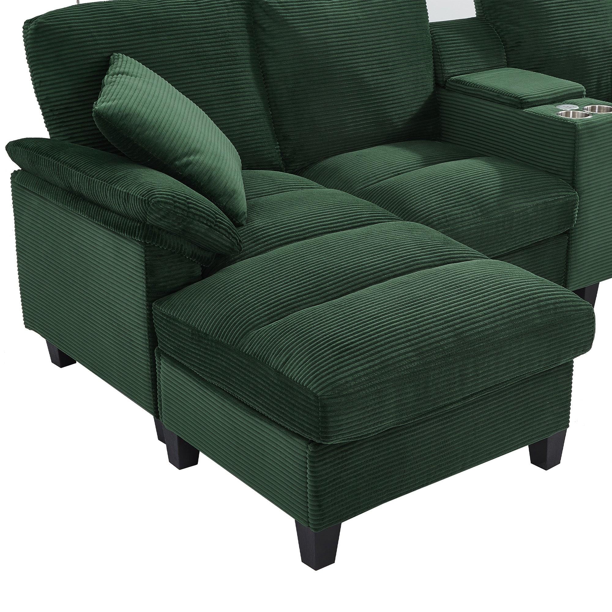 Green corduroy chaise section with rolled back cushions and armrest