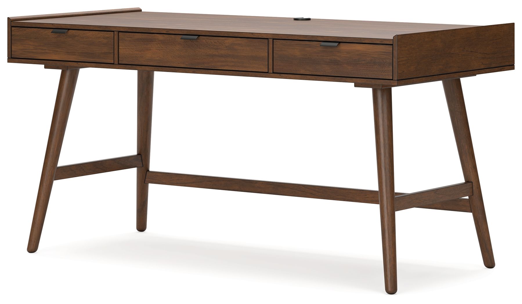 Brown desk with three drawers and angled wooden legs