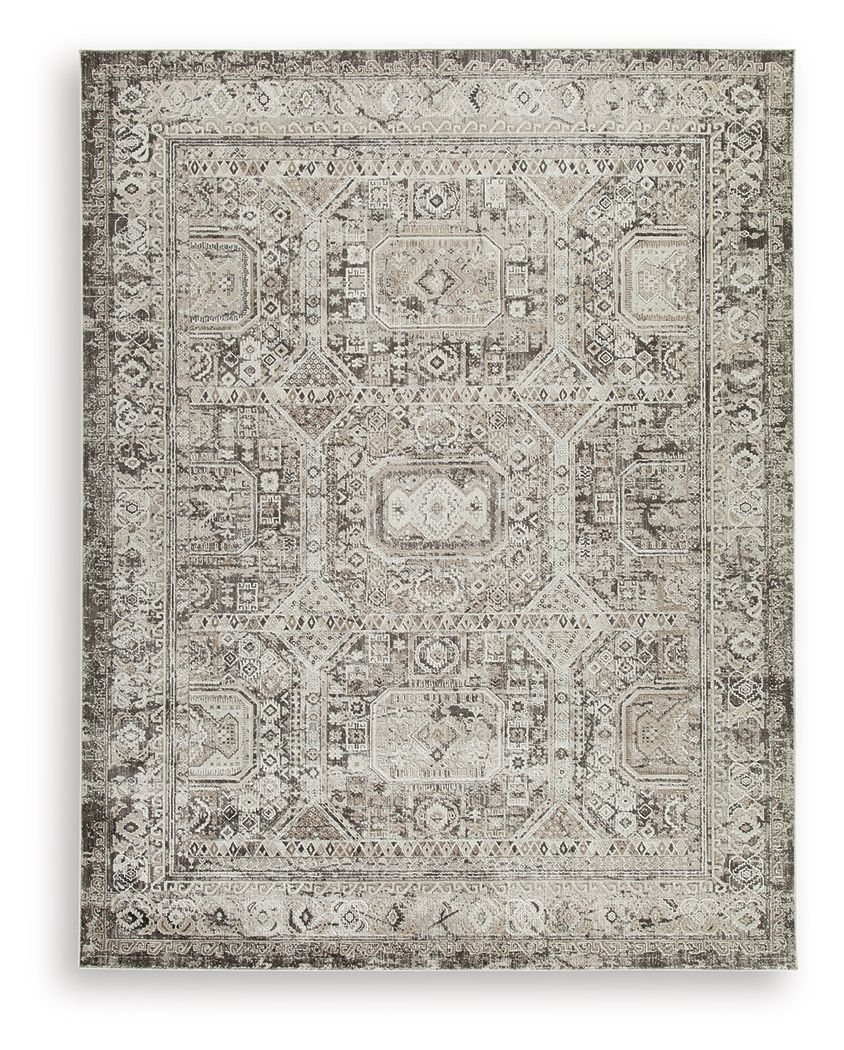 Junley rug with distressed geometric border in light gray and off-white