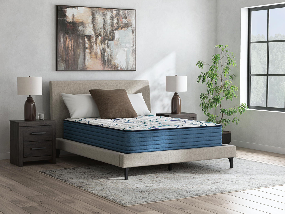 Firm 3.0 mattress on a bed frame, white patterned top with blue side panels
