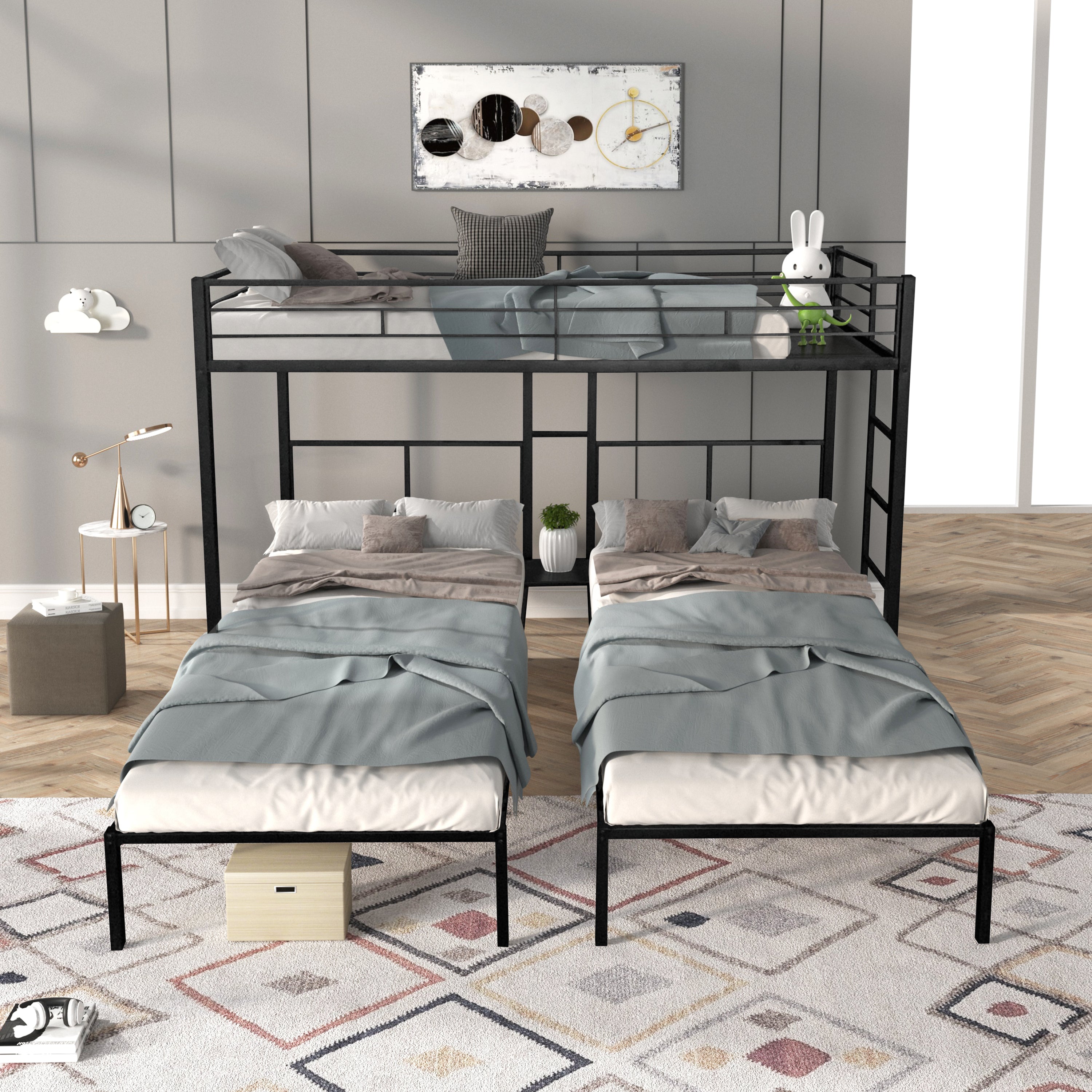 Quiet Triple Bunk Bed: Sturdy Metal Frame, Wood Slats