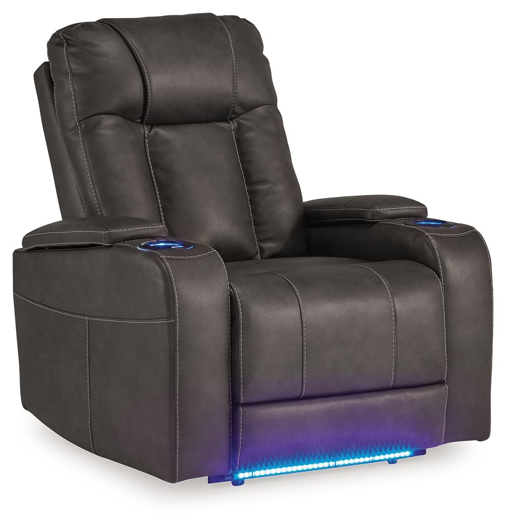Dark power recliner with adjustable headrest, illuminated base lights