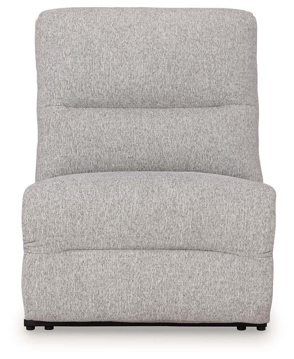 Pewter armless recliner with adjustable headrest, boxy silhouette, textured fabric