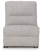 Pewter armless recliner with adjustable headrest, boxy silhouette, textured fabric
