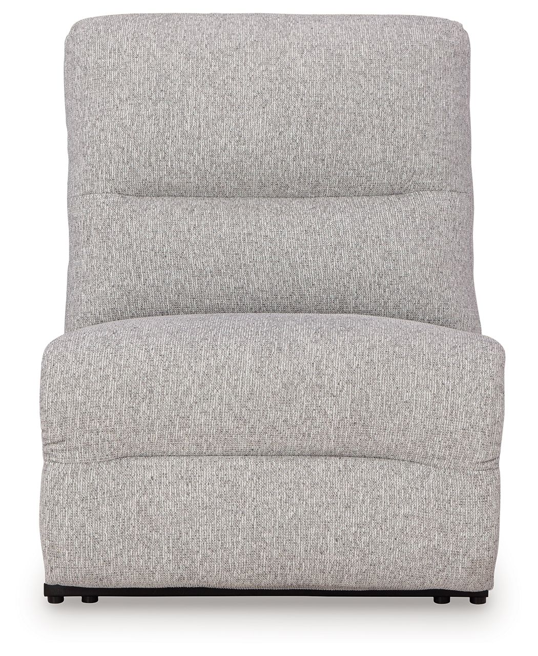 Pewter armless recliner with adjustable headrest, boxy silhouette, textured fabric
