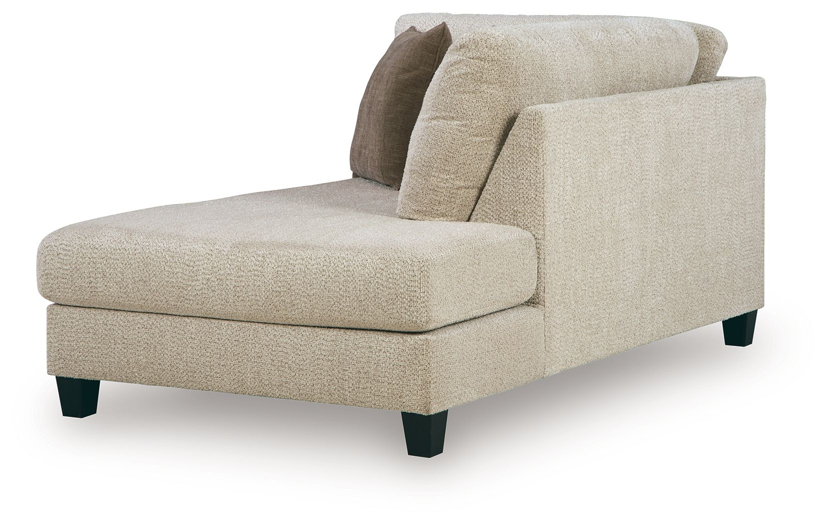 Beige corner chaise with thick seat cushion, dark legs, and one back pillow