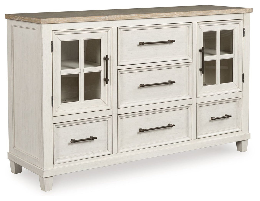 White panel sideboard with glass-door compartments and six drawers