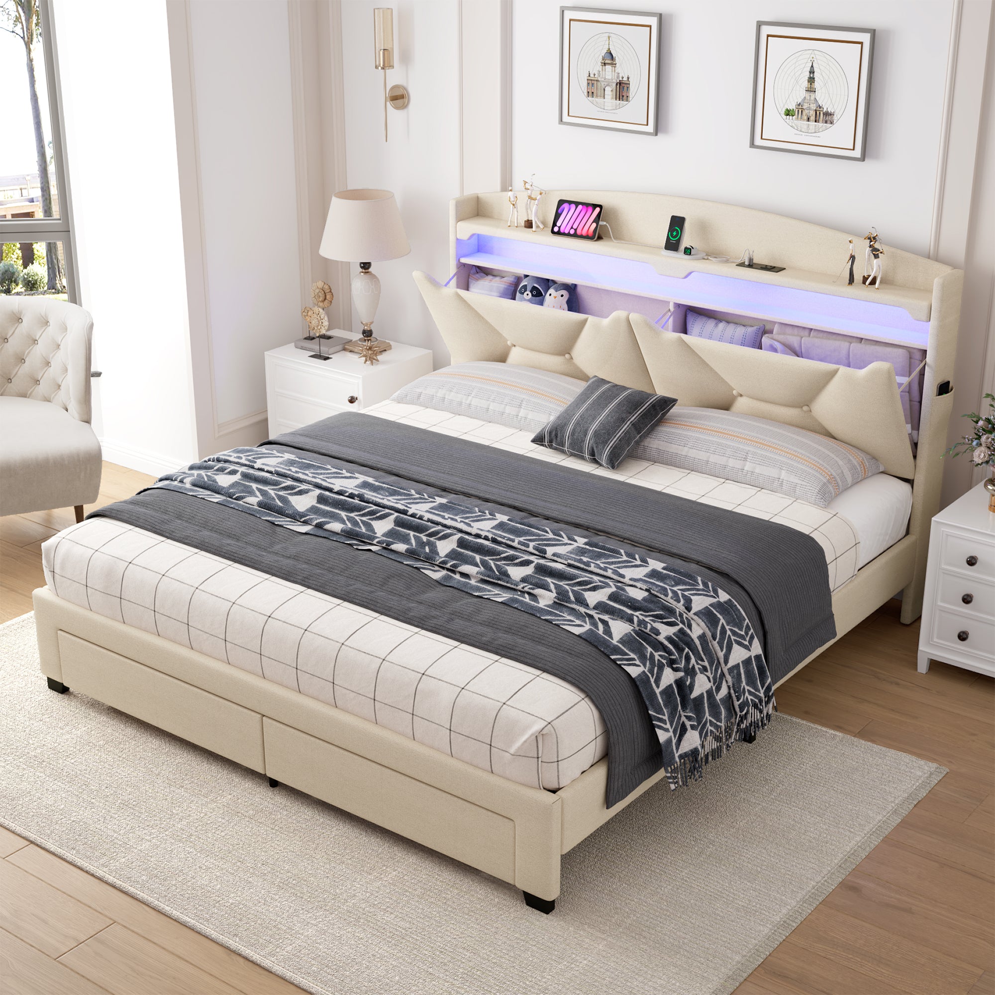 Queen Storage Headboard w/ RF LED Lights