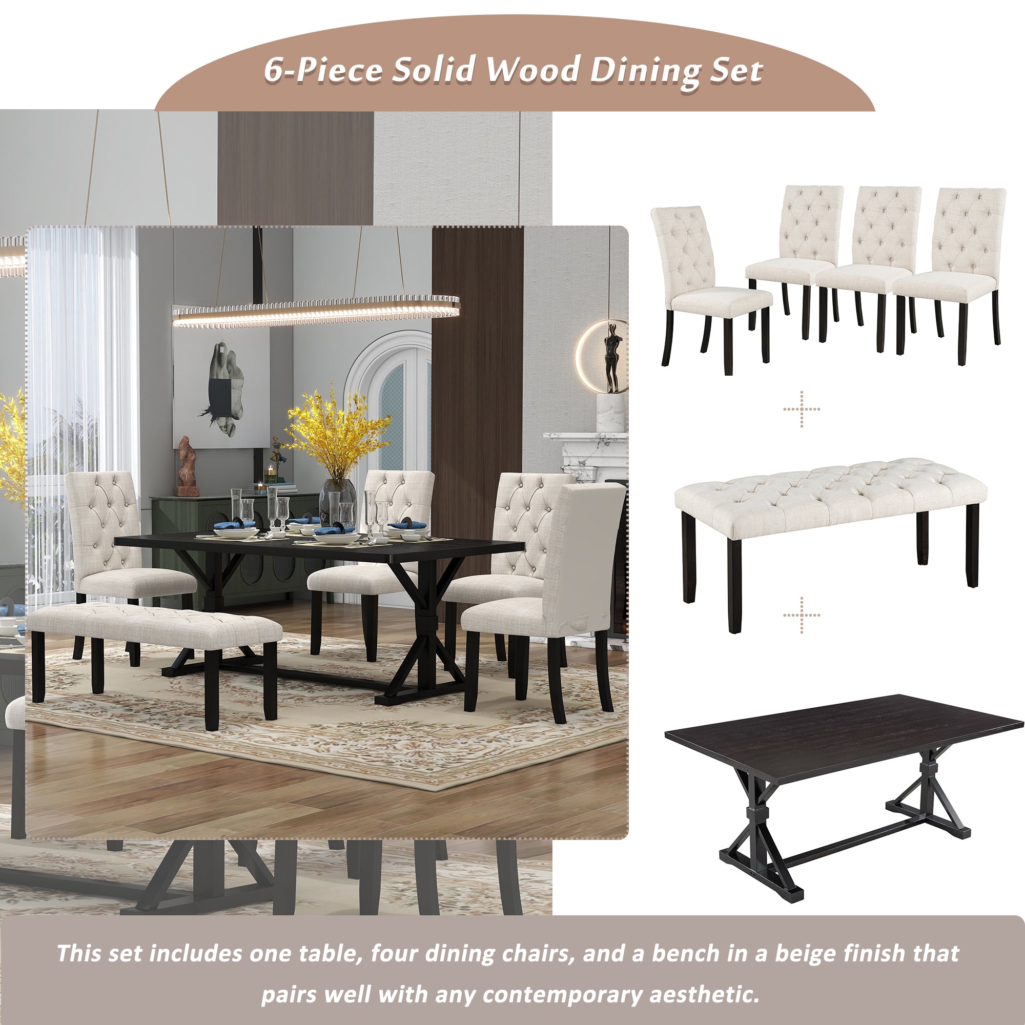 6-Piece Farmhouse Dining Set, 72" Table & Bench