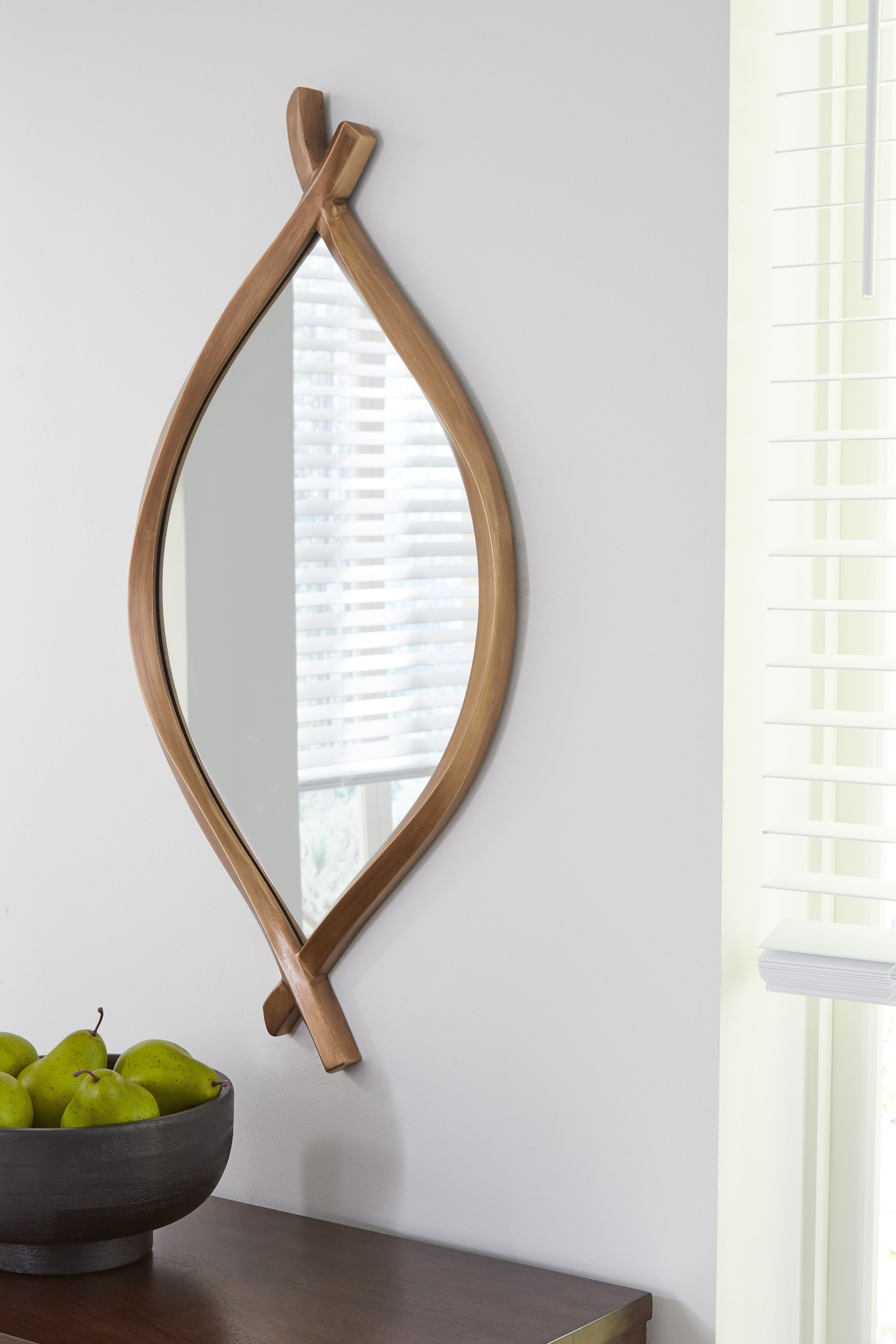 Bartner accent mirror with antique gold frame, tall teardrop shape