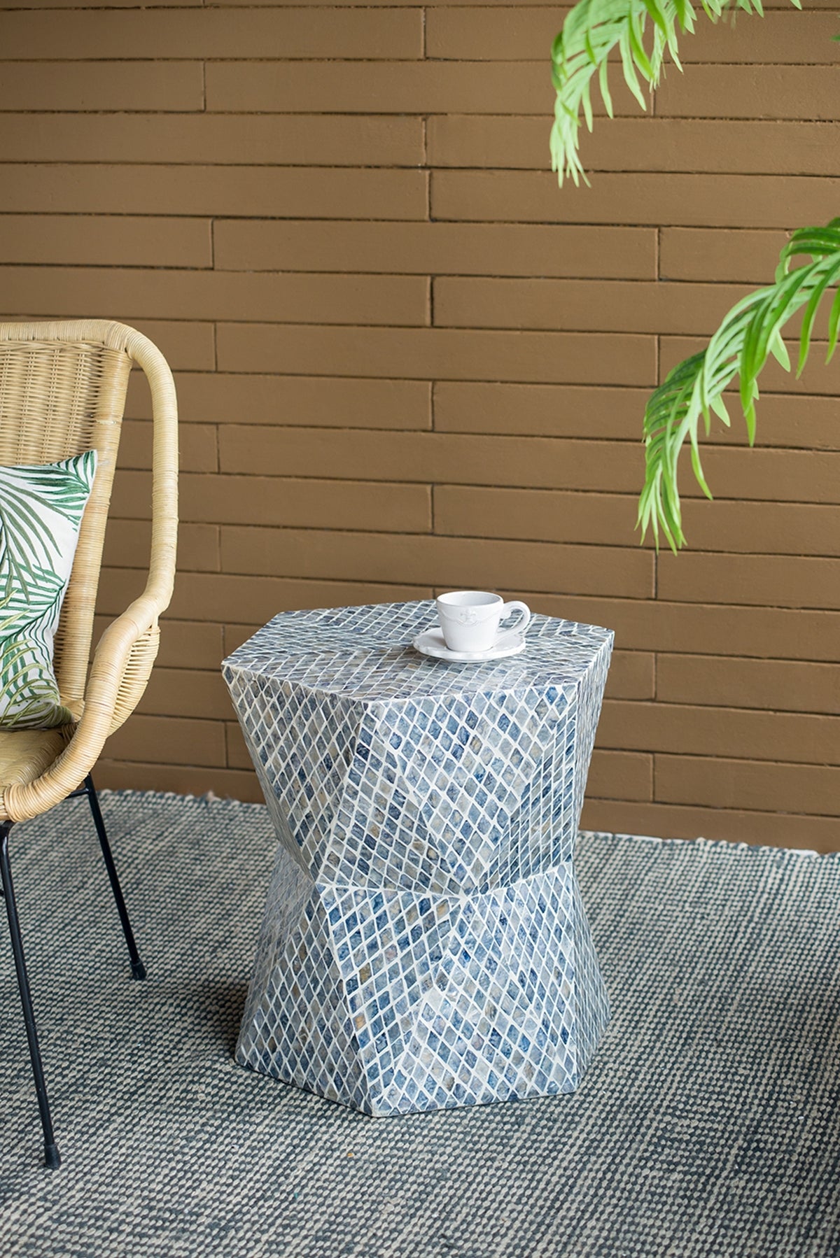 Blue Tapered Capiz Stool | Garden Accent Side Table