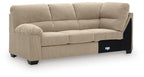 Upholstered sofa with corner wedge, light sand fabric, tufted back and seat cushions