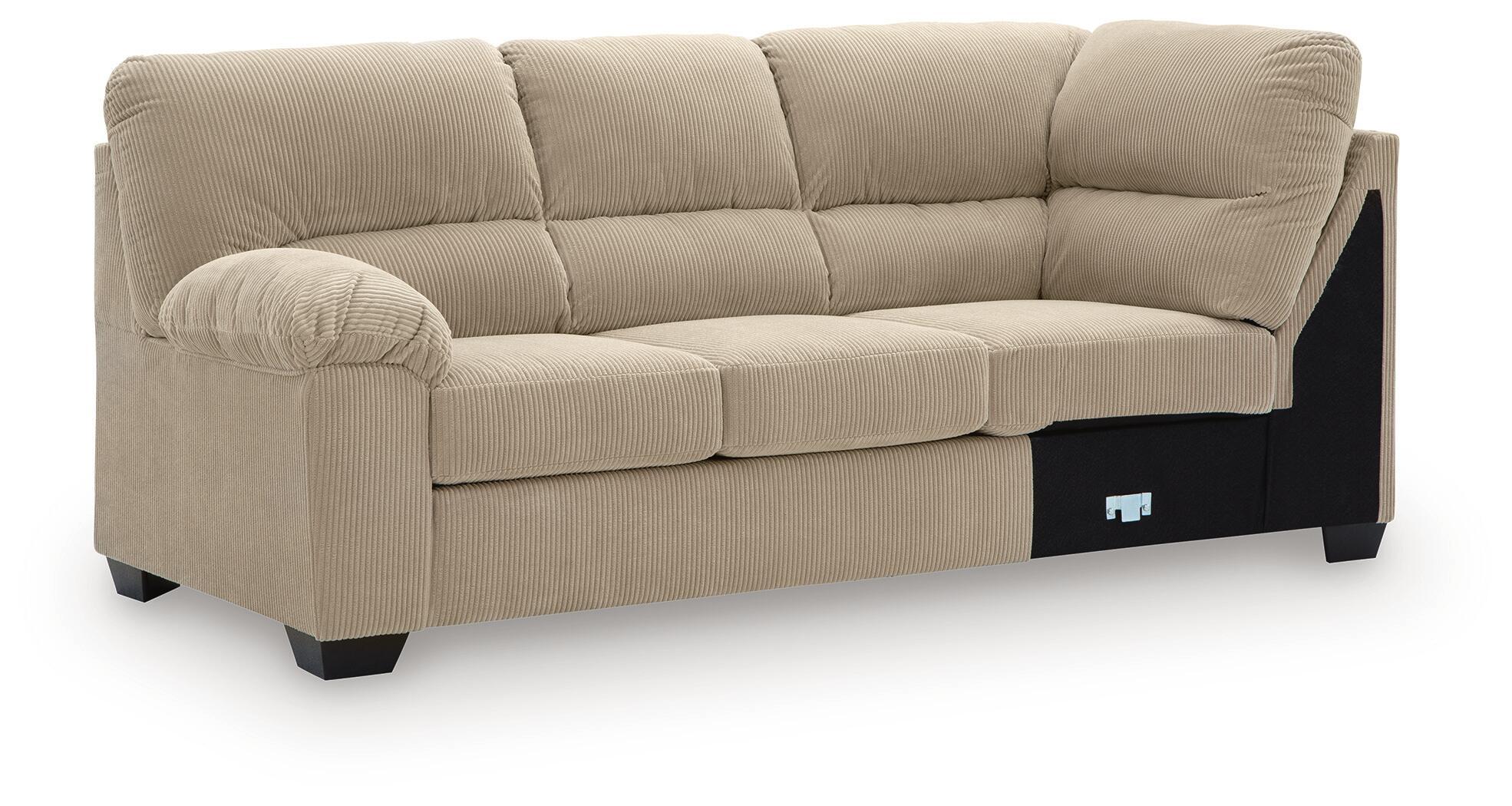 Upholstered sofa with corner wedge, light sand fabric, tufted back and seat cushions