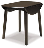 Dark brown round drop-leaf table with curved edge and tapered legs