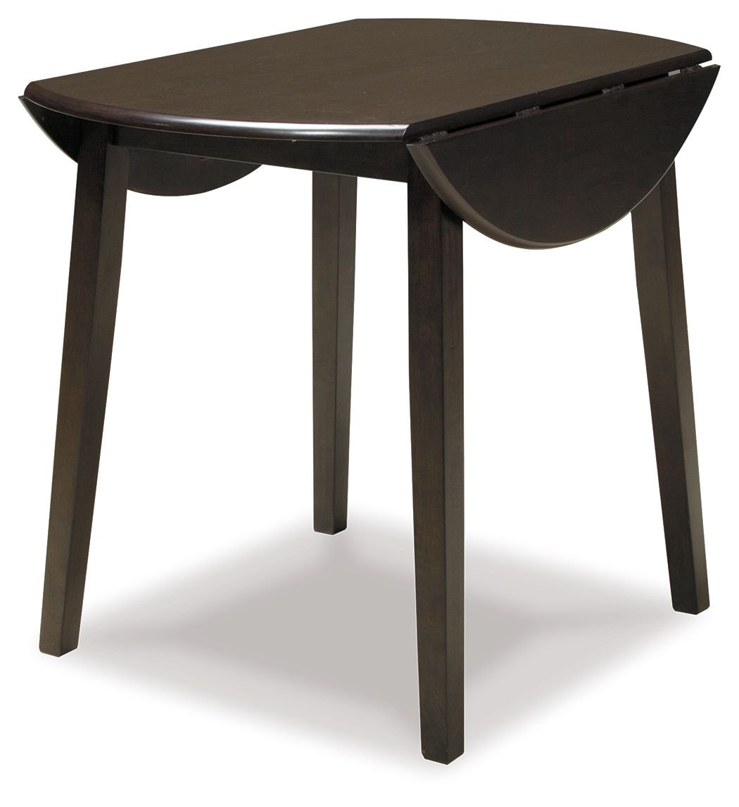 Dark brown round drop-leaf table with curved edge and tapered legs