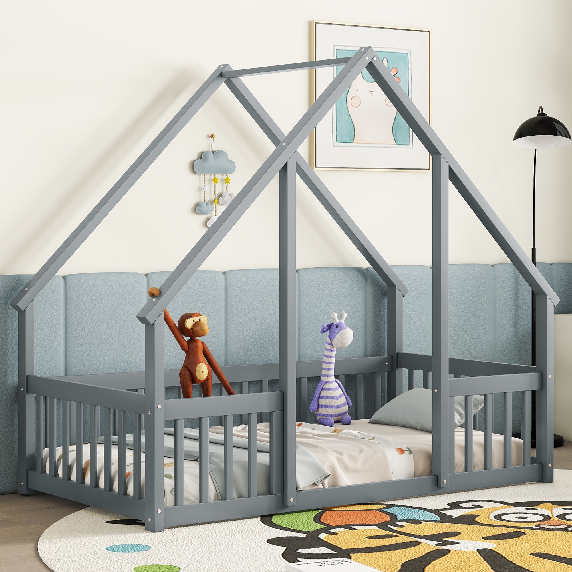 Twin Wood House Floor Bed: Grey, Fence & Guardrails for Kids