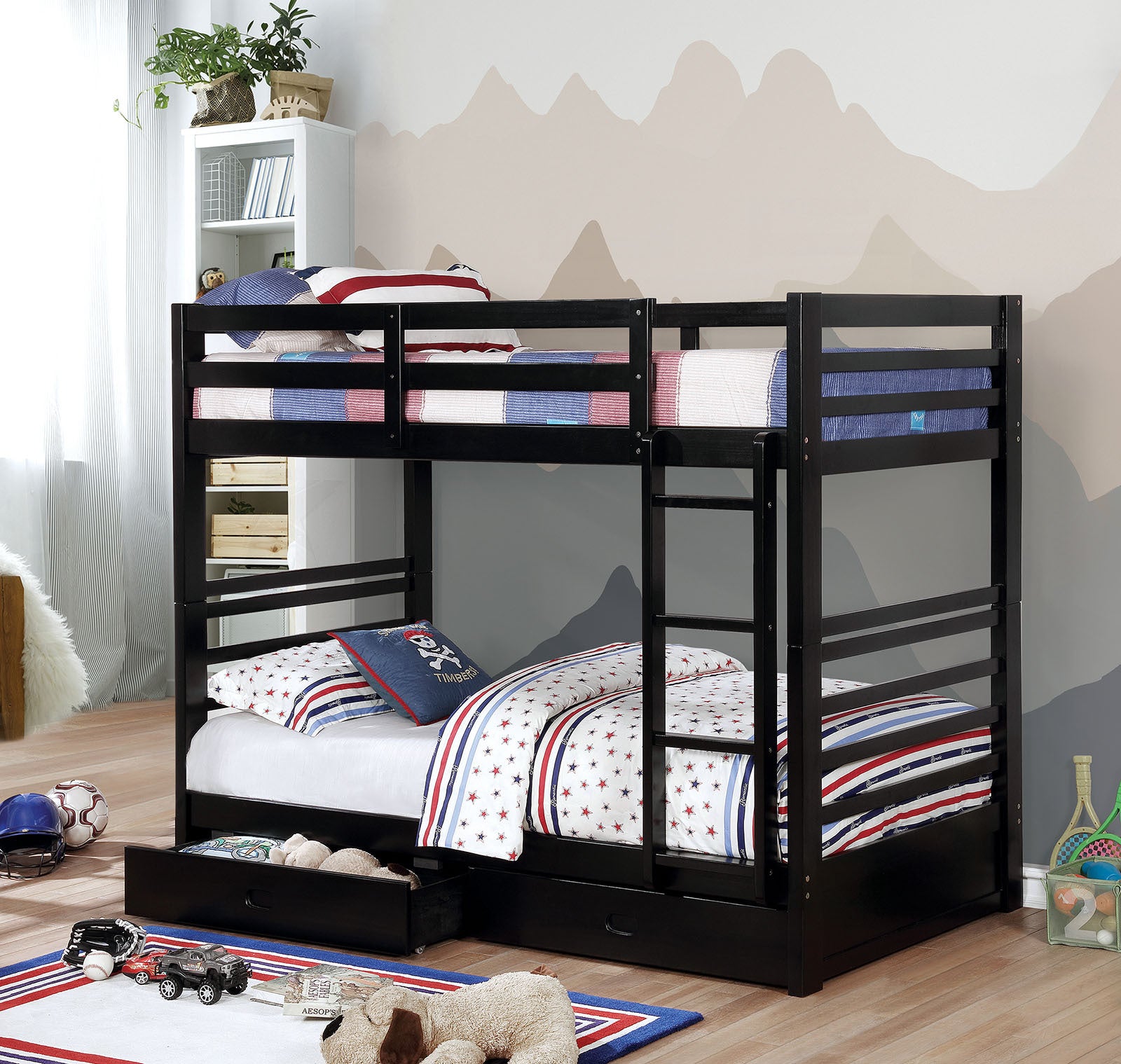 Classic Black Twin Over Twin Bunk Bed with Drawers & Ladder